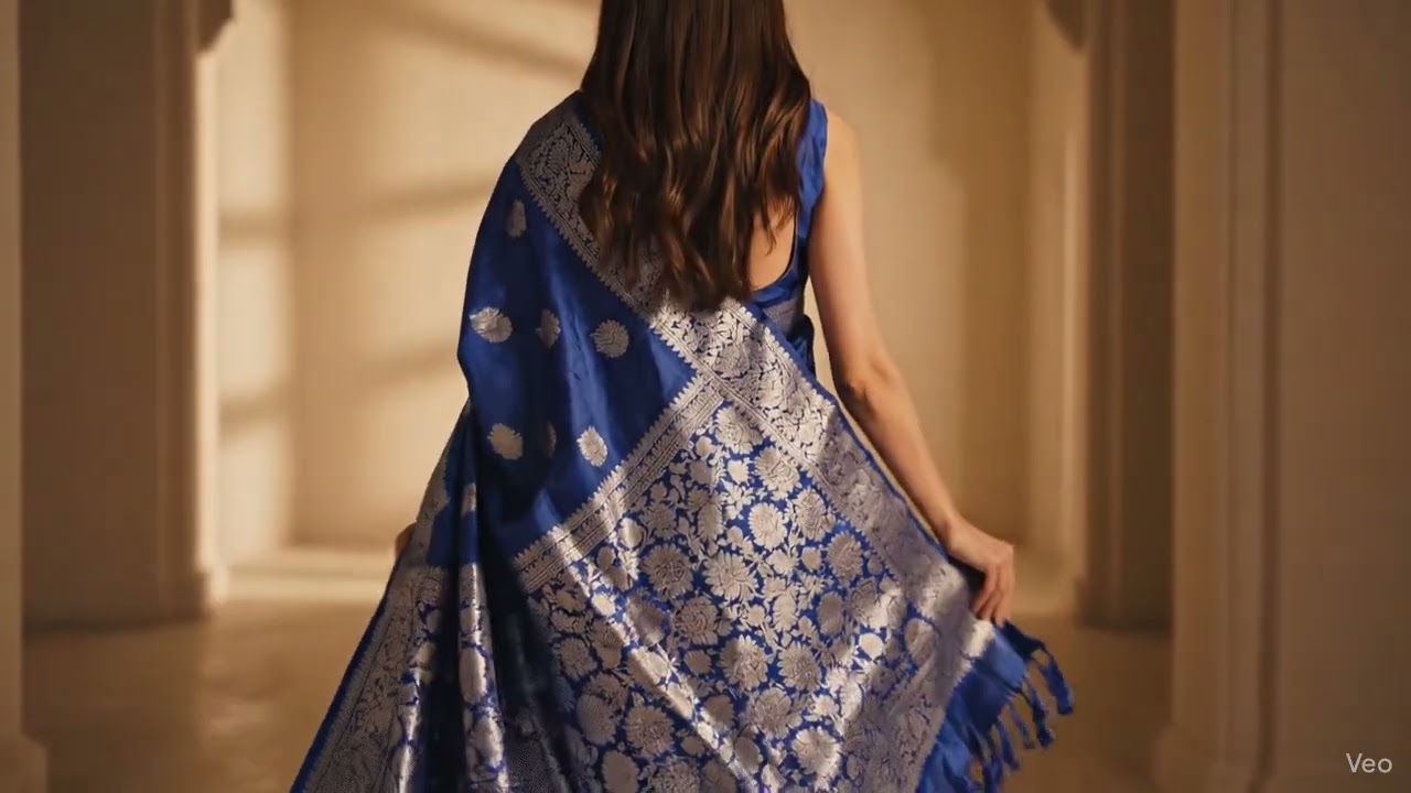 A deep, regal royal blue Banarasi saree woven to express quiet confidence and timeless elegance