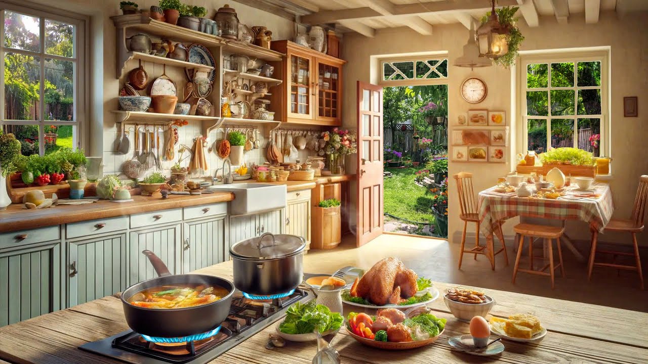 Cozy kitchen ambience cooking sounds with rain in Spring and birds singing,sizzling