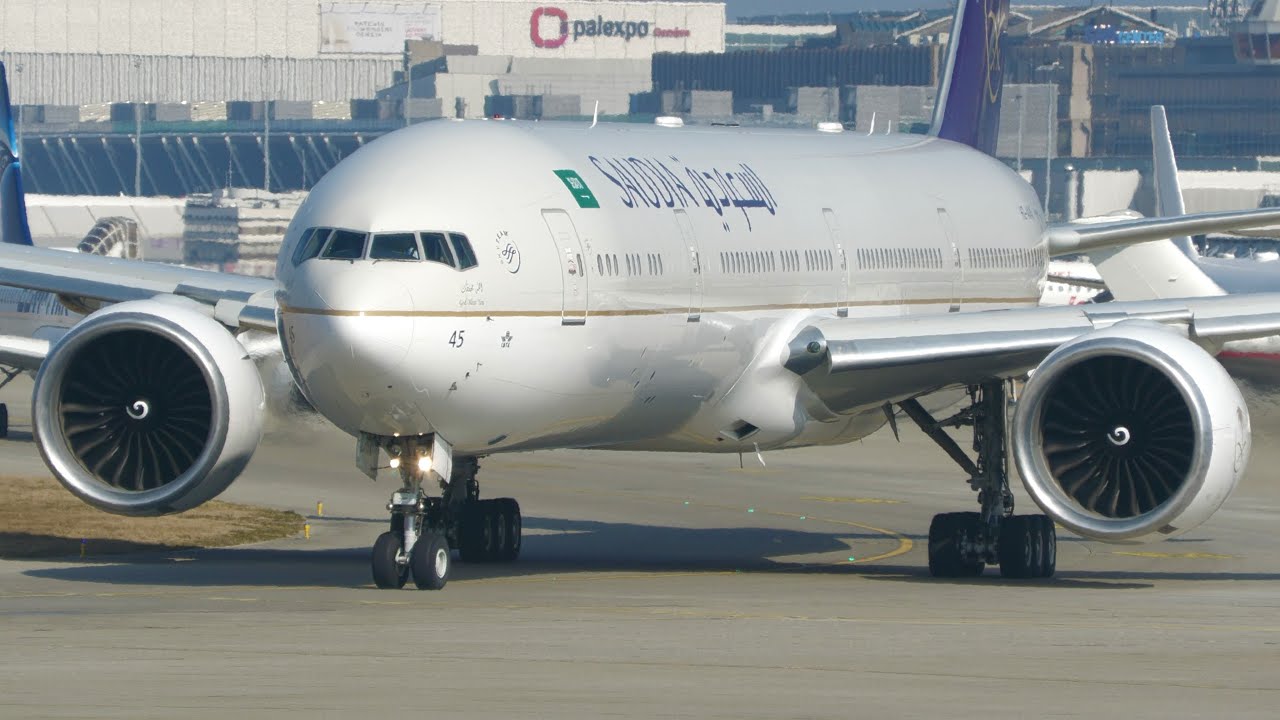 4K | Saudia VIP Boeing 777-300ER HZ-AK45 landing & takeoff at Geneva/GVA/LSGG