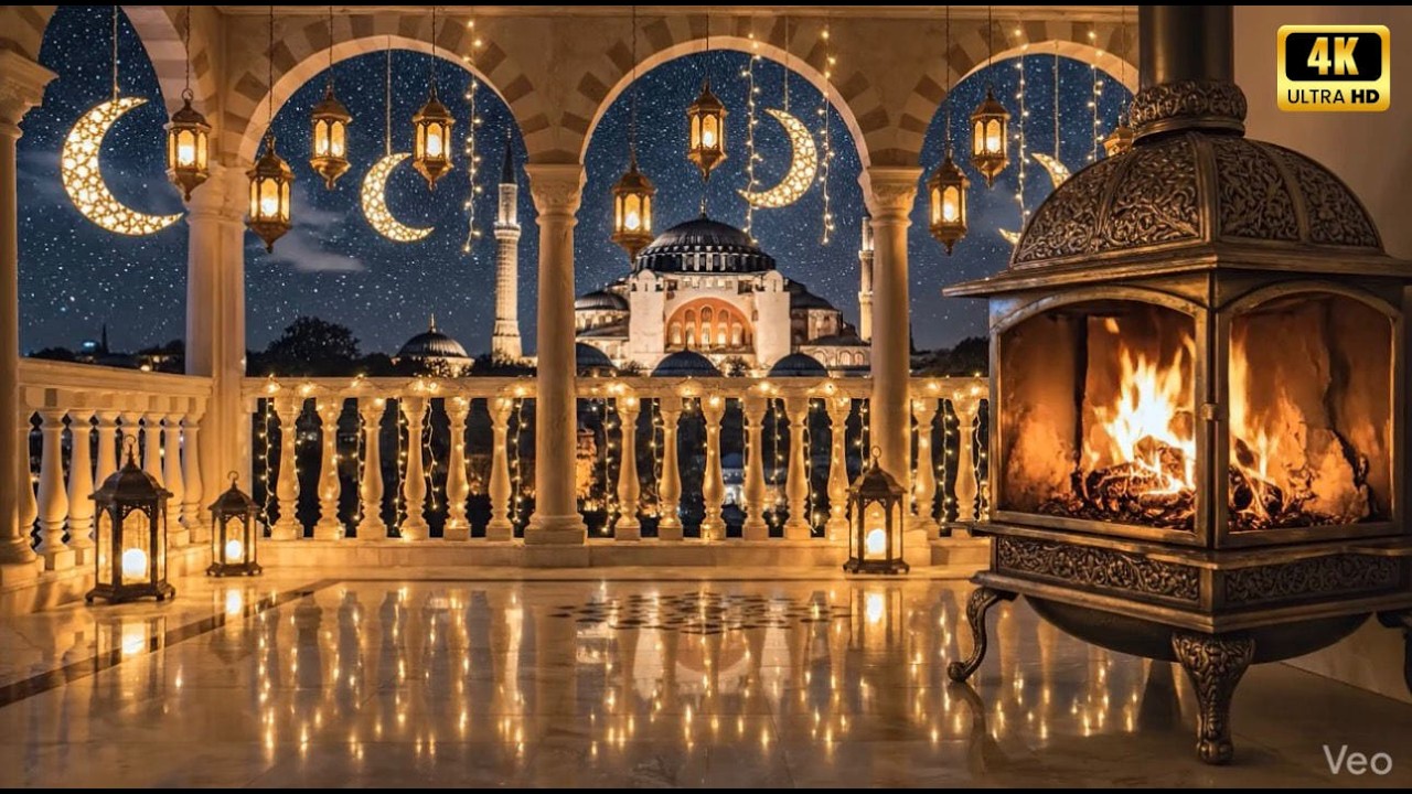 Luxury Ramadan Fireplace Ambience 🌙🔥شومينيه رمضان  | أجواء رمضان الروحانية بإطلالة مسجد ساحرة|  4K