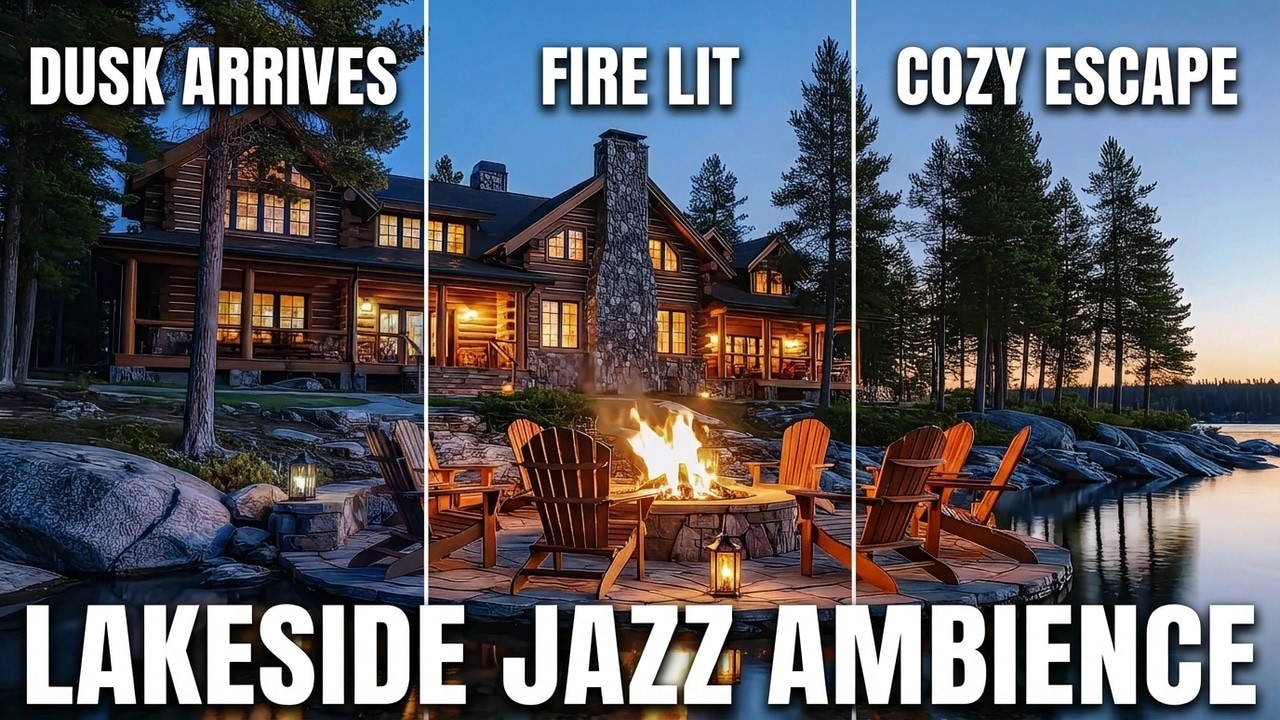 Lakeside Jazz Ambience 🎷 Warm Cabin Lights, Fireplace & Peaceful Vibes