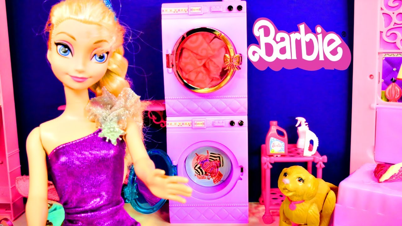 Barbie Glam Laundry Frozen Princess Anna and Elsa Wash Littlest Pet Shop Play Doh Toys Videos