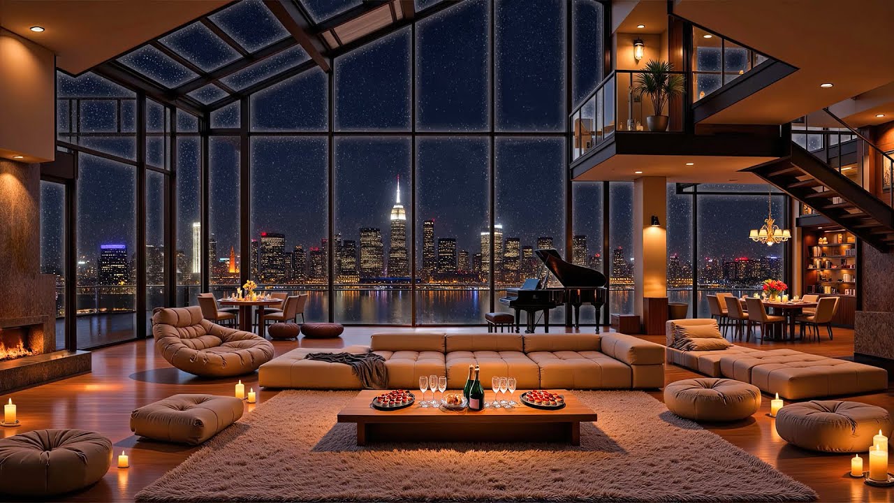 Relaxing City Night from a Cozy Apartment - Jazz Music & Fireplace Sounds for Peaceful Moments