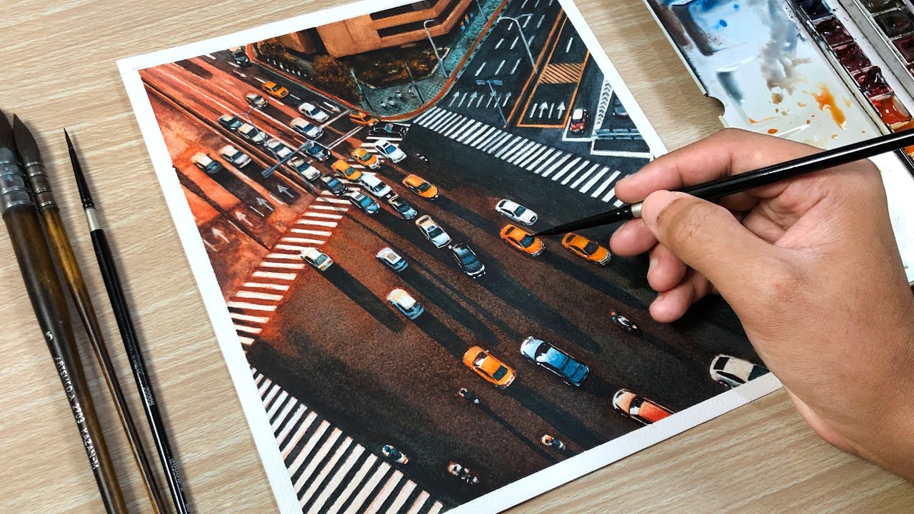 City Crossroad in Watercolor Painting