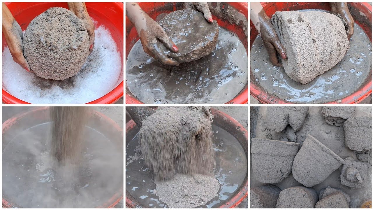 Full Buckets || Black Grainy Cement Shapes Dry And Water Crumbling And Foamy Water In Dipping 