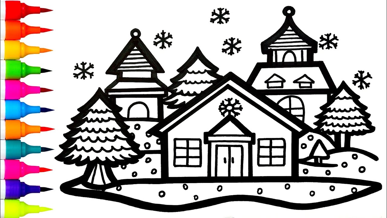 Как нарисовать рождественский домик и елку 🎄🏡 | Простой рисунок рождественского пейзажа