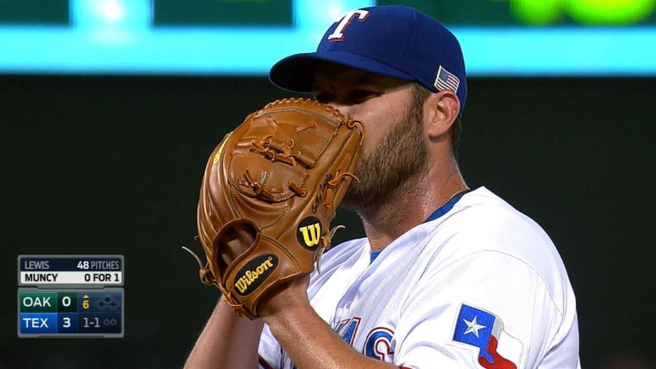 9/11/15: Lewis nearly perfect as Rangers down A's