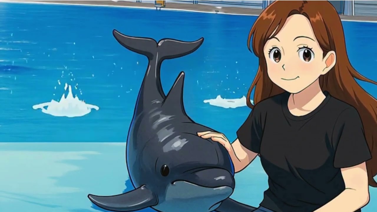 Anime Lofi Art Loop 🌊 Malendes Mädchen streichelt einen glücklichen Delfin