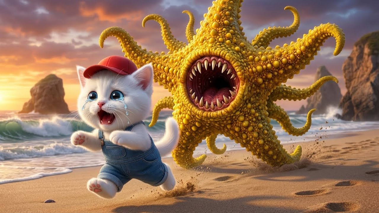 When a Curious Kitten Meets a Giant Starfish! 😲 AI's Cutest Ocean Encounter