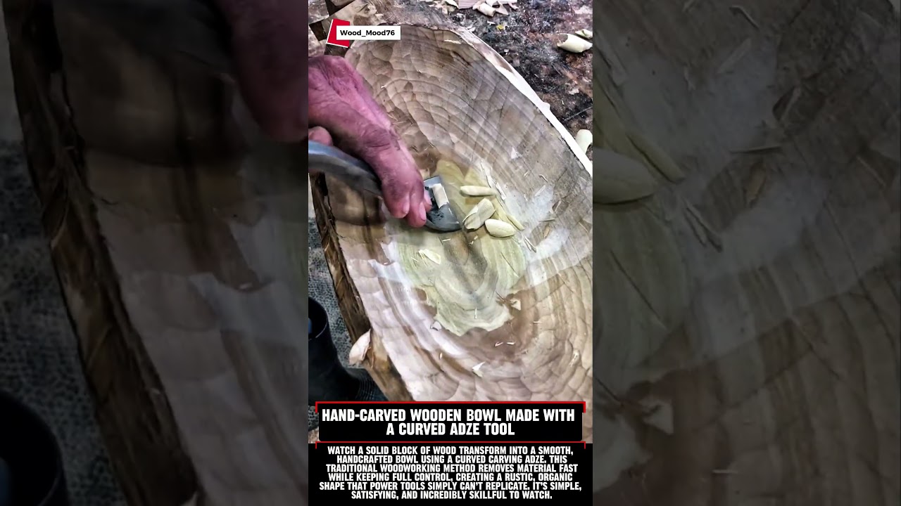 Hand-Carved Wooden Bowl Made with a Curved Adze Tool #Woodworking #WoodArt #Satisfying