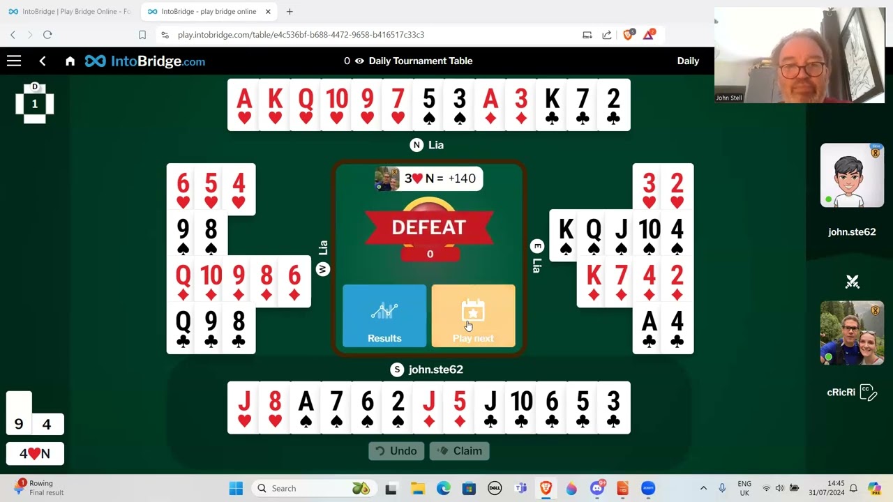 5 hands against a top bridge player (Christophe Grosset) - 31st July 2024