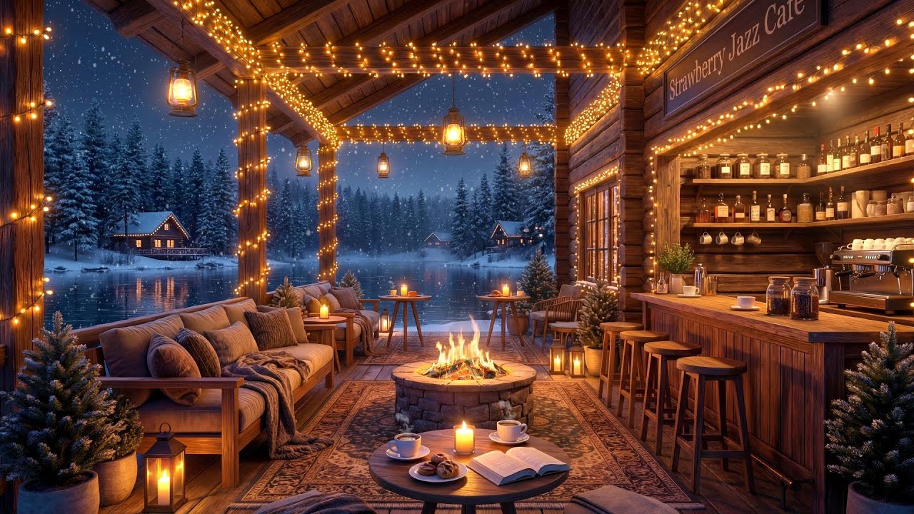 Snowy Winter Café ❄️ Cozy Fireplace & Calm Jazz Background for Study & Work