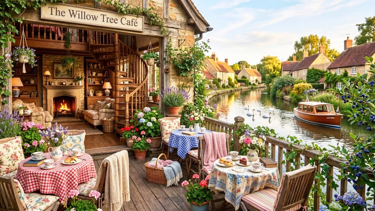 Cozy Spring Café by the Swan River 🌸☕ Relaxing Jazz Instrumental Music & Fireplace Crackling 🎷🔥