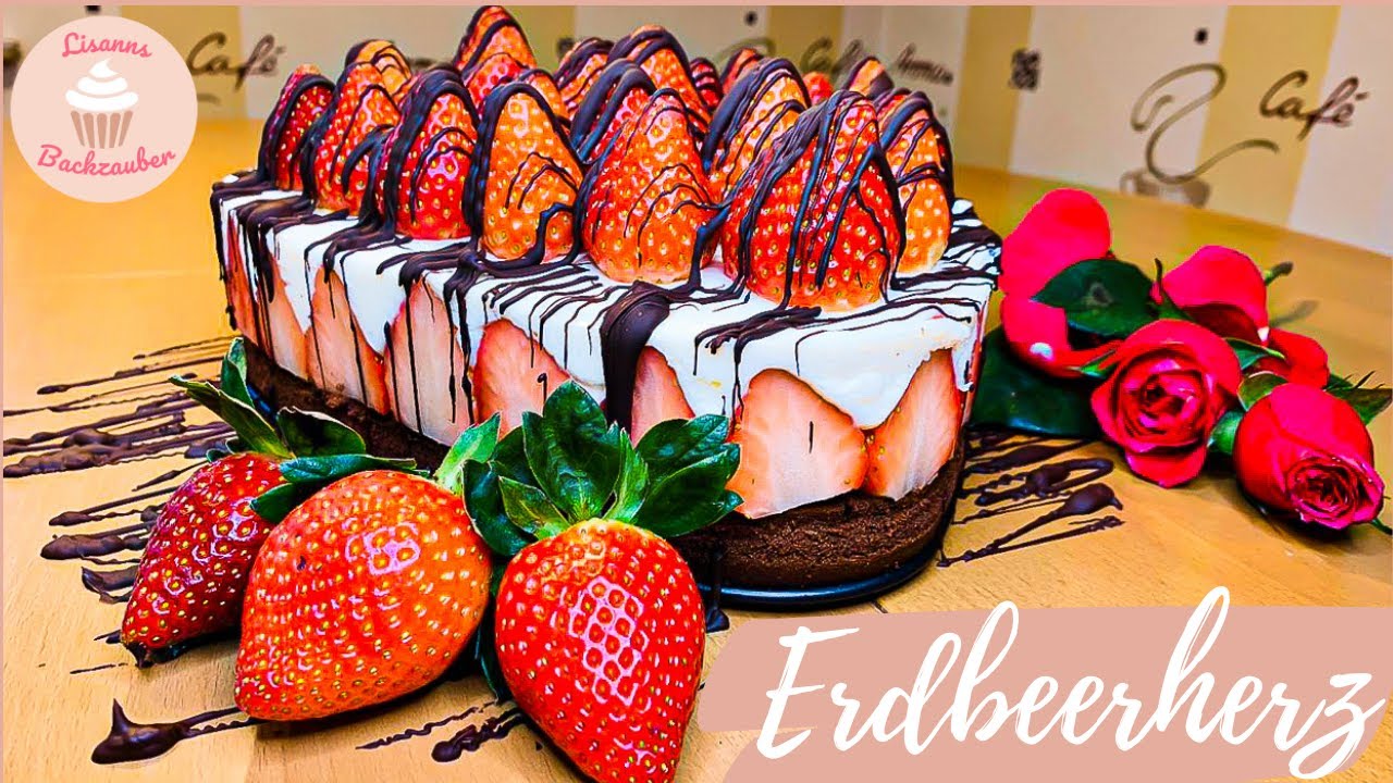 Erdbeerherz (Rezept Erdbeertorte / Kuchen zum Valentinstag / Muttertag / Erdbeerkuchen mit Schoko)