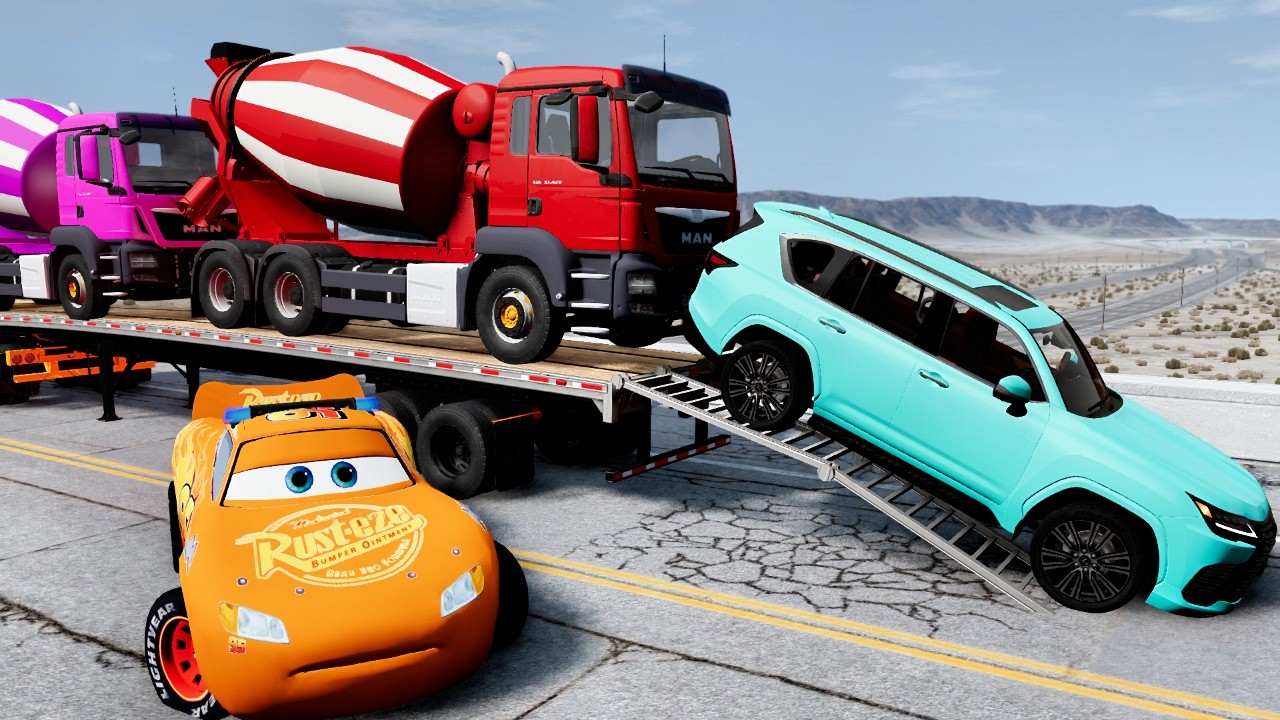 Flatbed Truck Mcqueen  Transportation with Truck   Pothole vs Car #62  BeamNG Drive