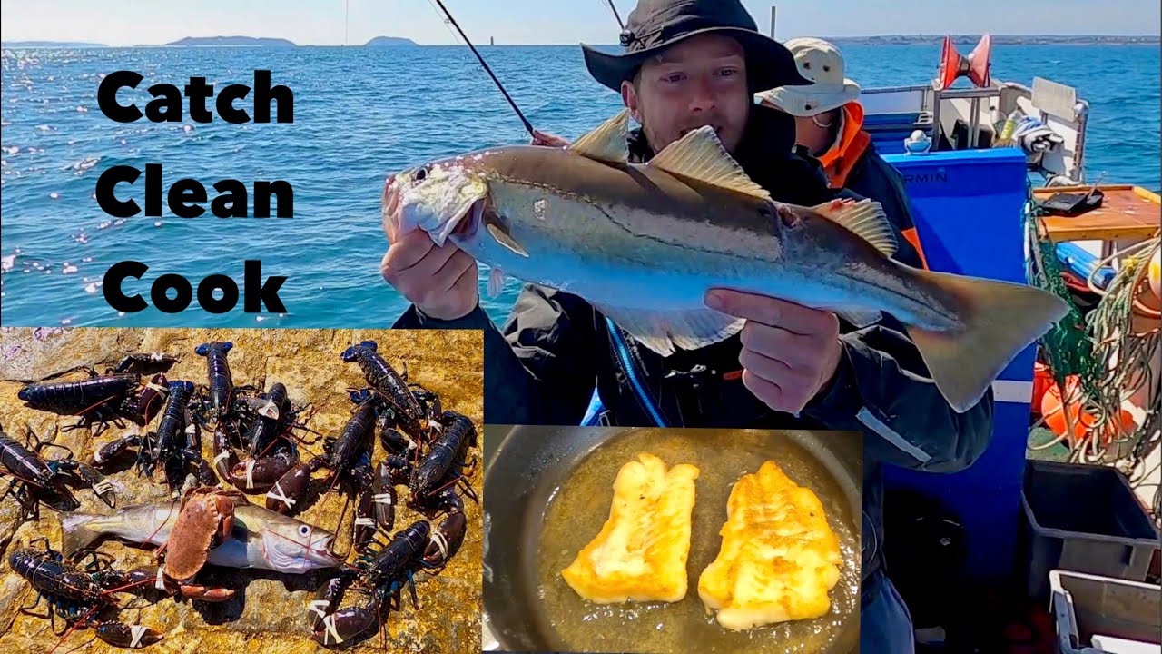 BOAT FISHING with DAD , Pollock Catch Clean Cook ! Lots of LOBSTERS