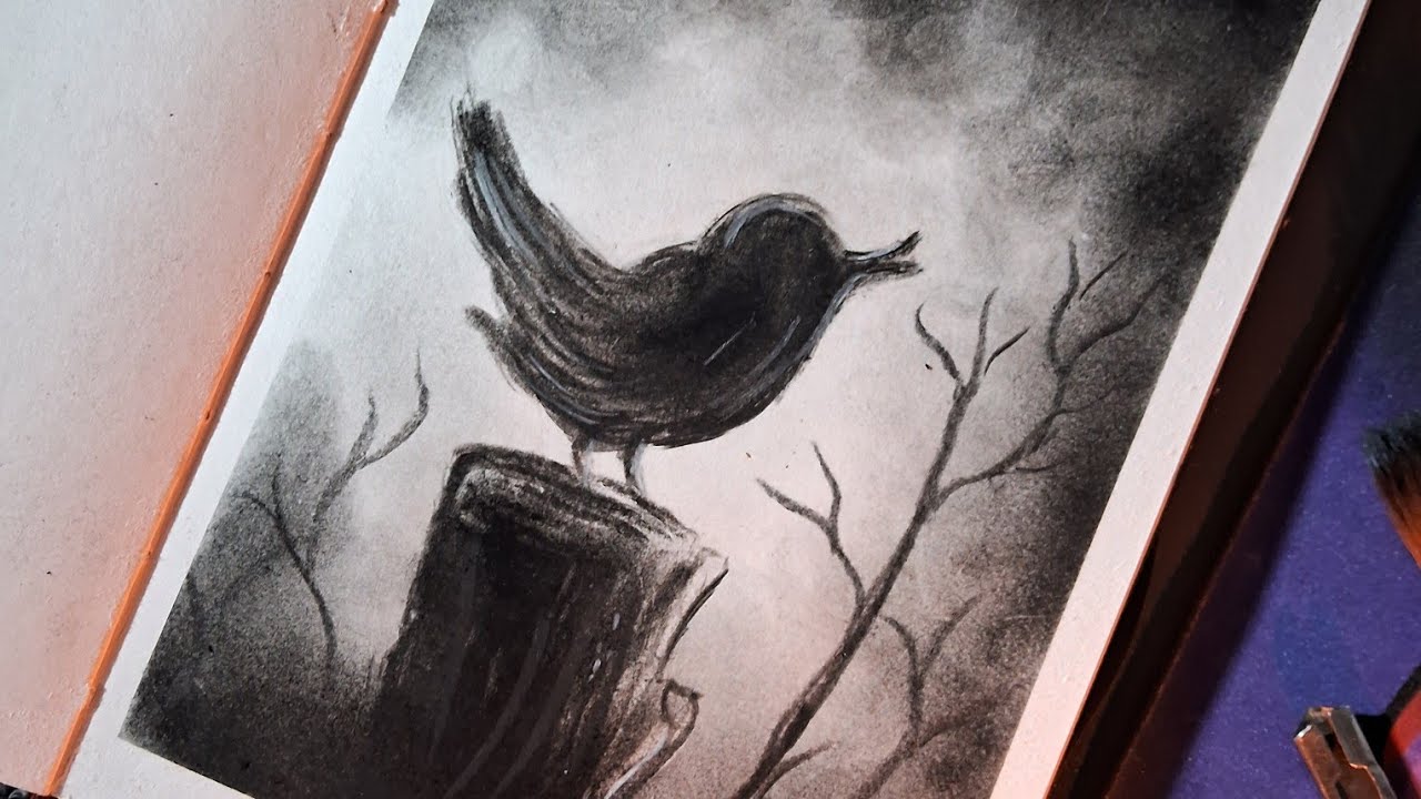 Charcoal Panting with Bird 🐦🌸😊|SatisfyingArt | #Shorts#shortsvideo #drawing #art#senary