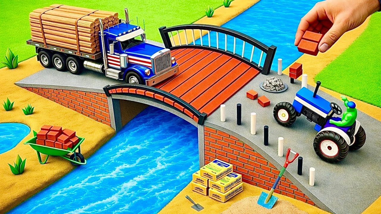 DIY Mini Truck Builds Brick & Metal Railing Bridge | Fun Construction Science Project