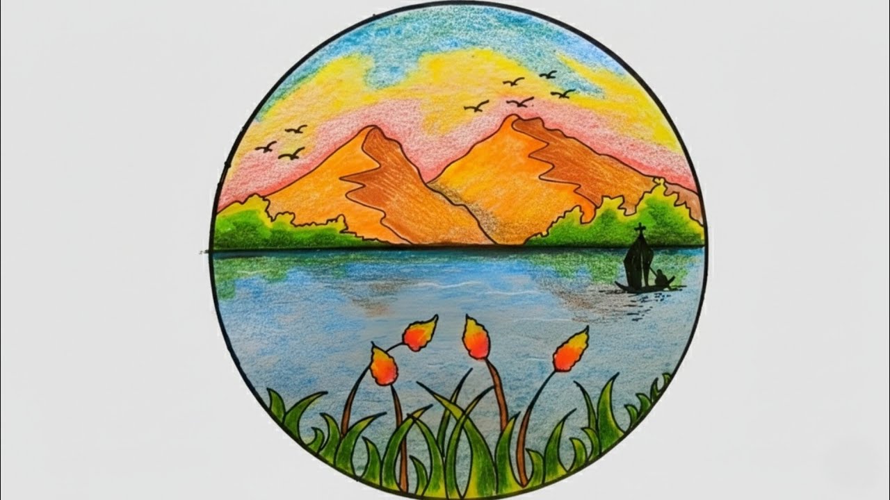 Hill With River View Scenery Drawing || Draw Scenery With Color Pencil. 