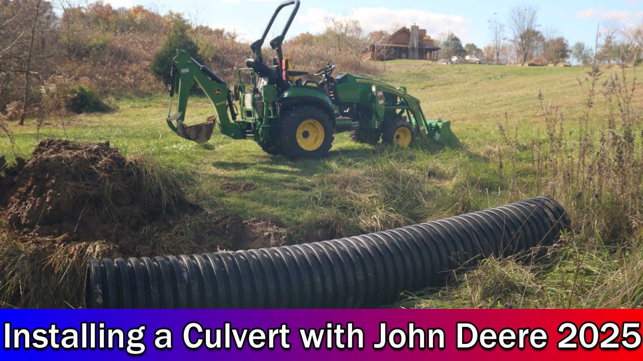 Монтаж водопропускной трубы с помощью трактора John Deere 2025 и экскаватора-погрузчика