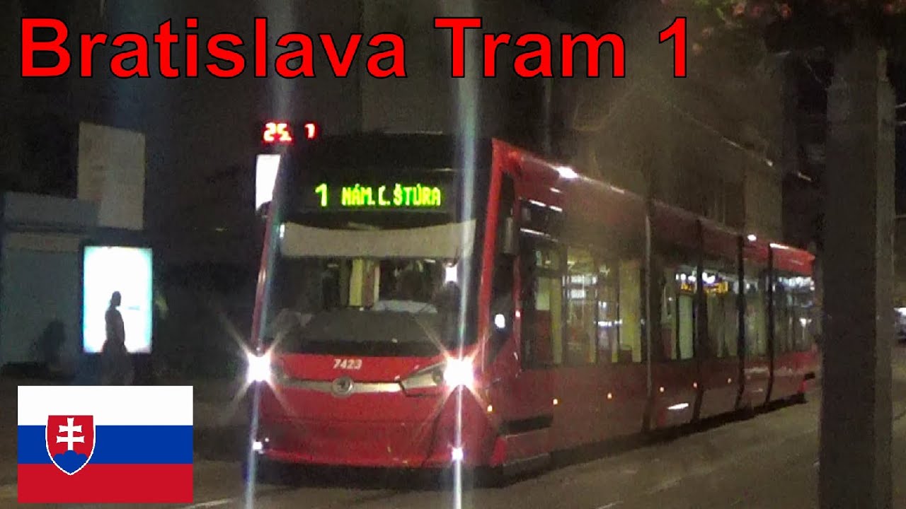 Tram MHD ride in Bratislava at Night (Jazda Električkou MHD v Noci v Bratislave) Linka 1
