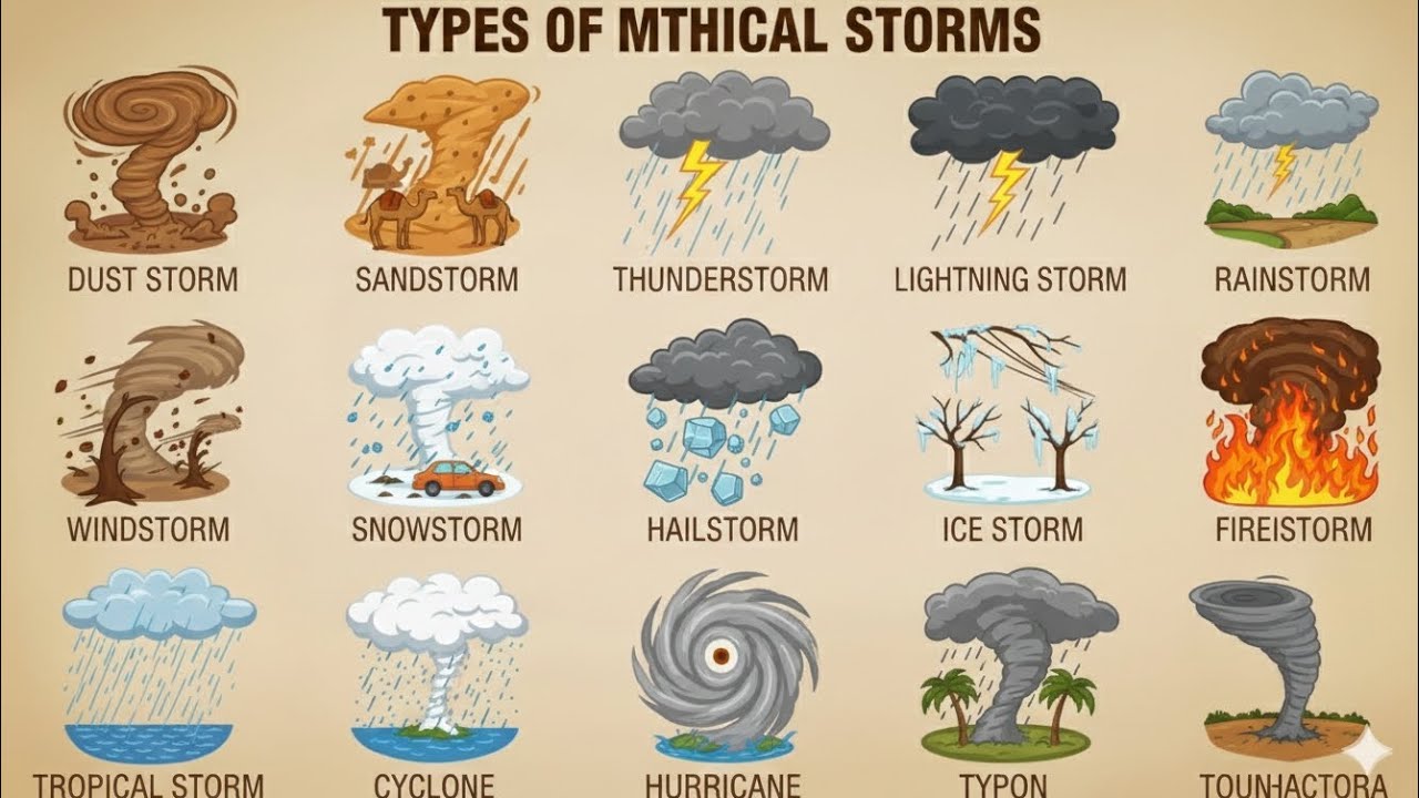 Types of Storms Poster | All Storm Names with Pictures | Weather Storms Infographic