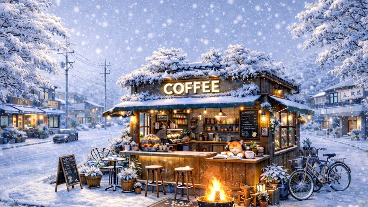 Winter Cabin Fireplace ❄️☕ Cozy Lofi for Sleep & Relax | Cozy Windowsill Cat 🐱 accompany with you