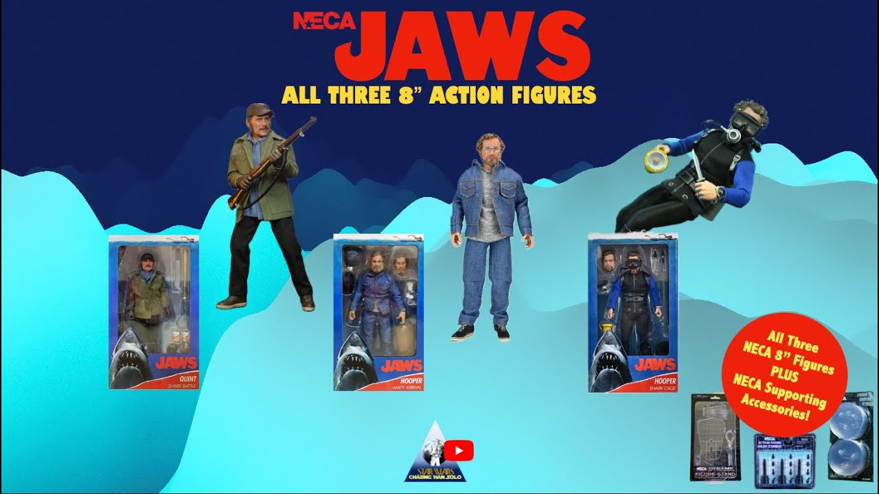 All Three NECA JAWS 8&rdquo; Reel Toys Action Figures (Quint, Hooper) and Supporting Brand Accessories