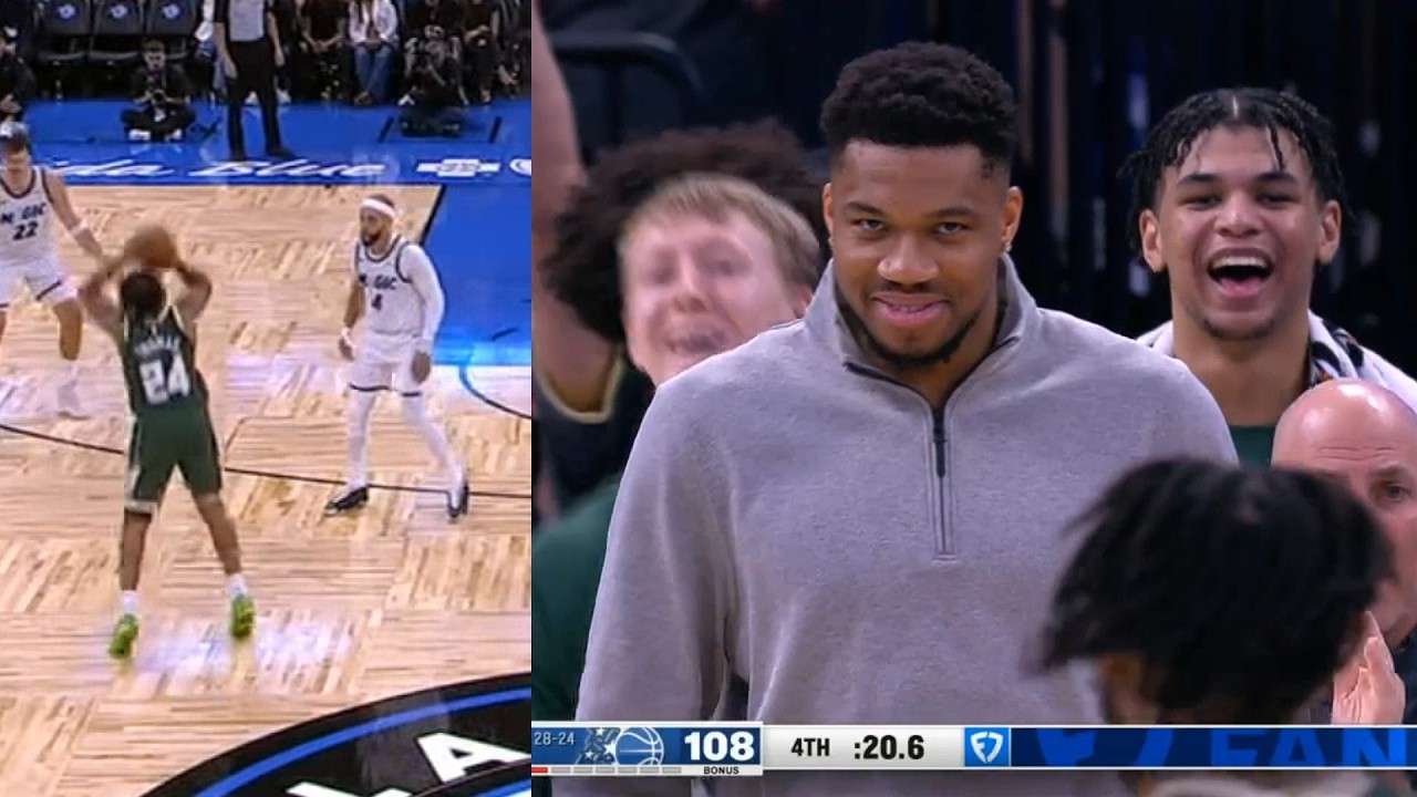 Giannis loving new teammate Cam Thomas after dagger 3 and 34pts vs Magic 😂