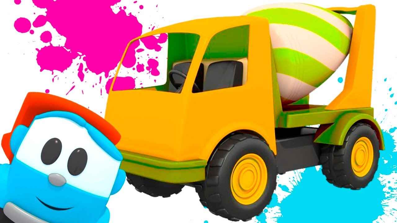 Misturador de concreto. Léo o caminhão curioso. Coleção de desenhos animados sobre carros