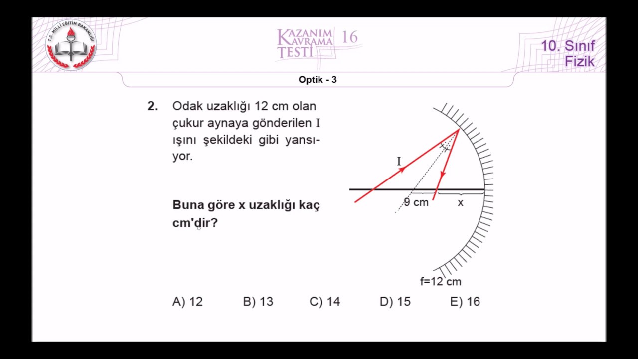 10.Sınıf MEB Fizik Kazanım Kavrama Testi-16 (Optik-3) [2019-2020]