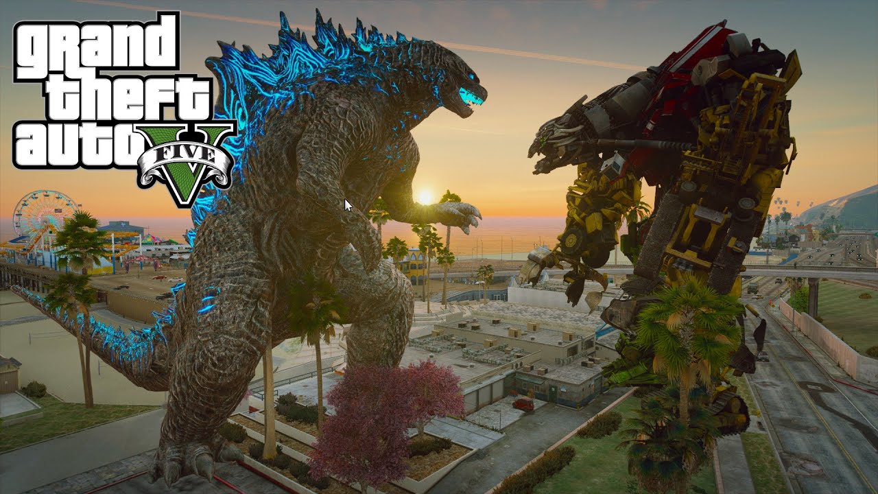 Godzilla save the city from Devastator Transformers - GTA V Mods