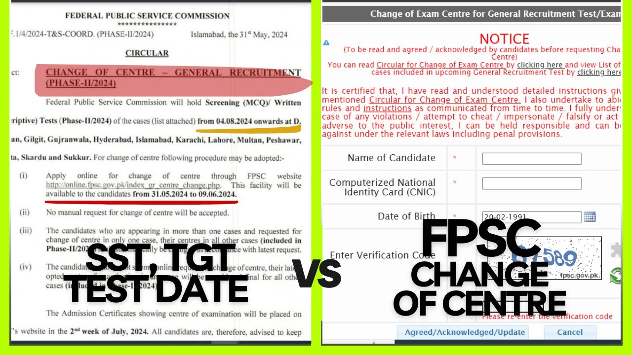 FPSC SST TGT Jobs 2024 | Test Date Announced | Change of Centre Procedure Before 09.06.2024