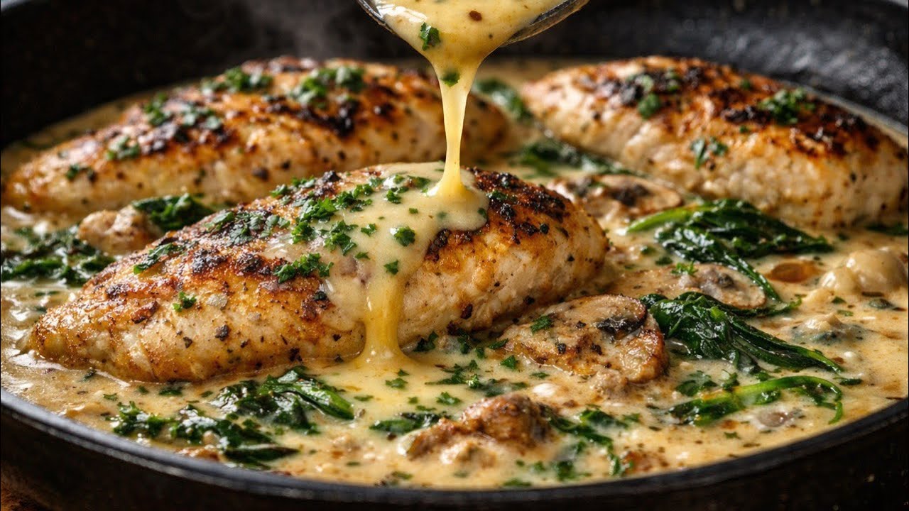 Dinner in just 30 minutes! Chicken fillet with creamy garlic and mushroom sauce and spinach.