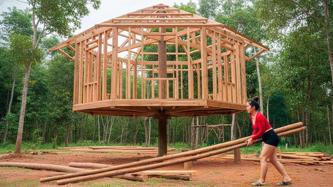 A Young Woman Built a Mysterious Bamboo House on a Single Pillar