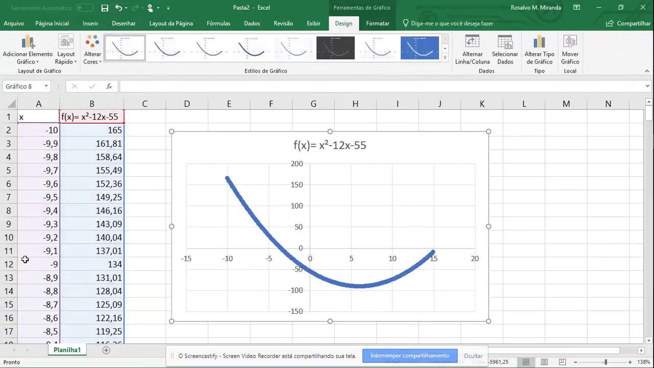 Gráfico de uma função Quadrática no Excel