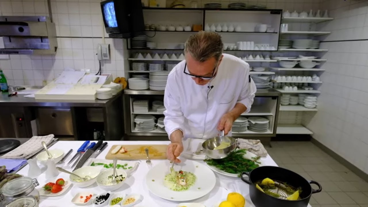 Refined crab on sea salt dish by Chef Jannis Brevet at 3 Michelin restaurant Inter Scaldes