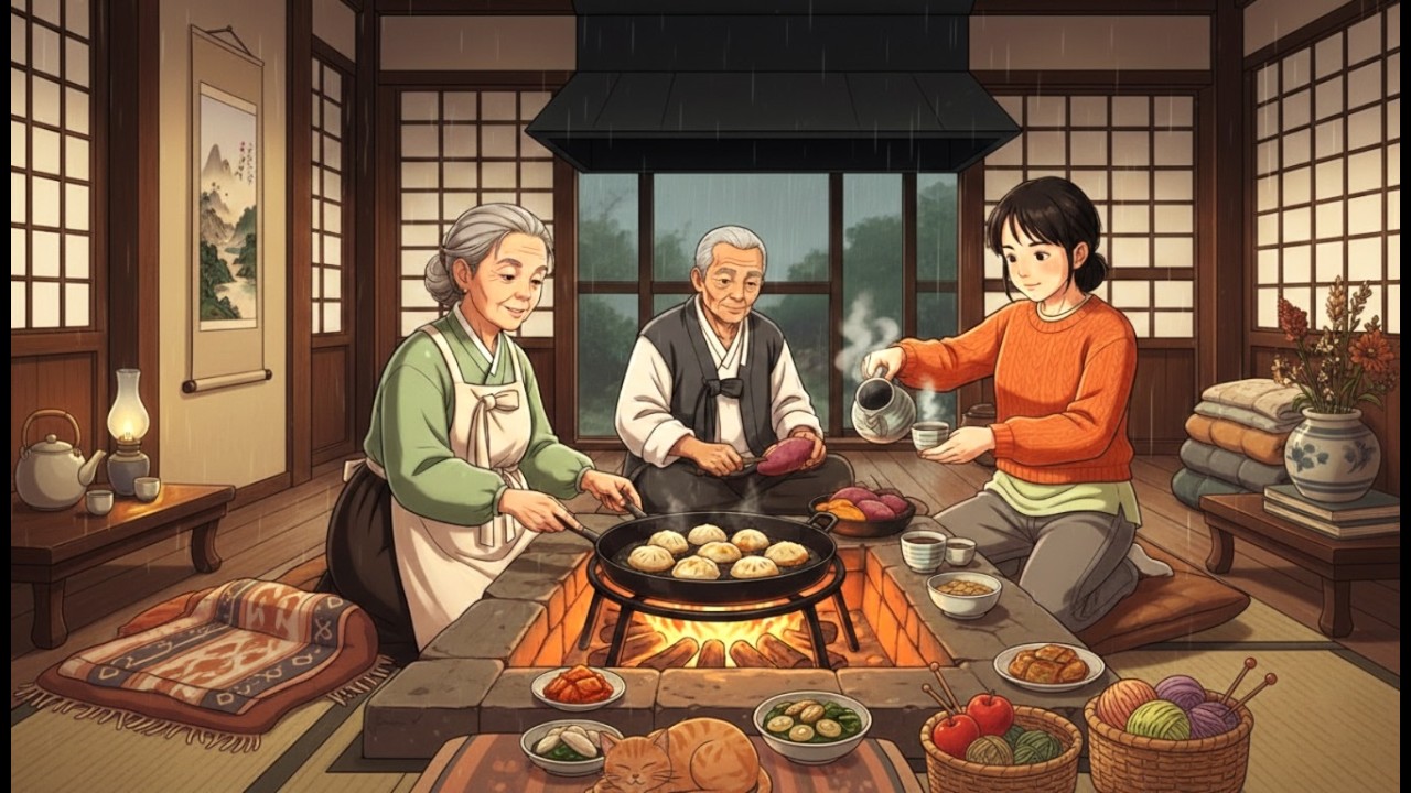 Rainy Day in Korean Hanok Village 🌧️| Making Kimchi & Mandu with Grandparents (Ghibli Inspired)