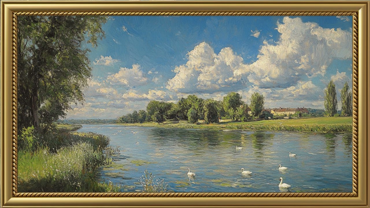 Vintage River in Summer Painting | Gold Frame TV Art | Art Screensaver for TV 2 Hrs