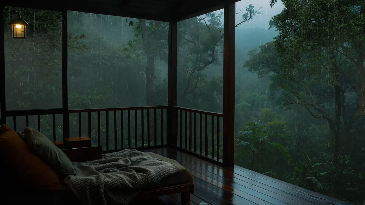 Soothing Rainfall in Tropical Forest Cabin – Cozy Balcony for Sleeping
