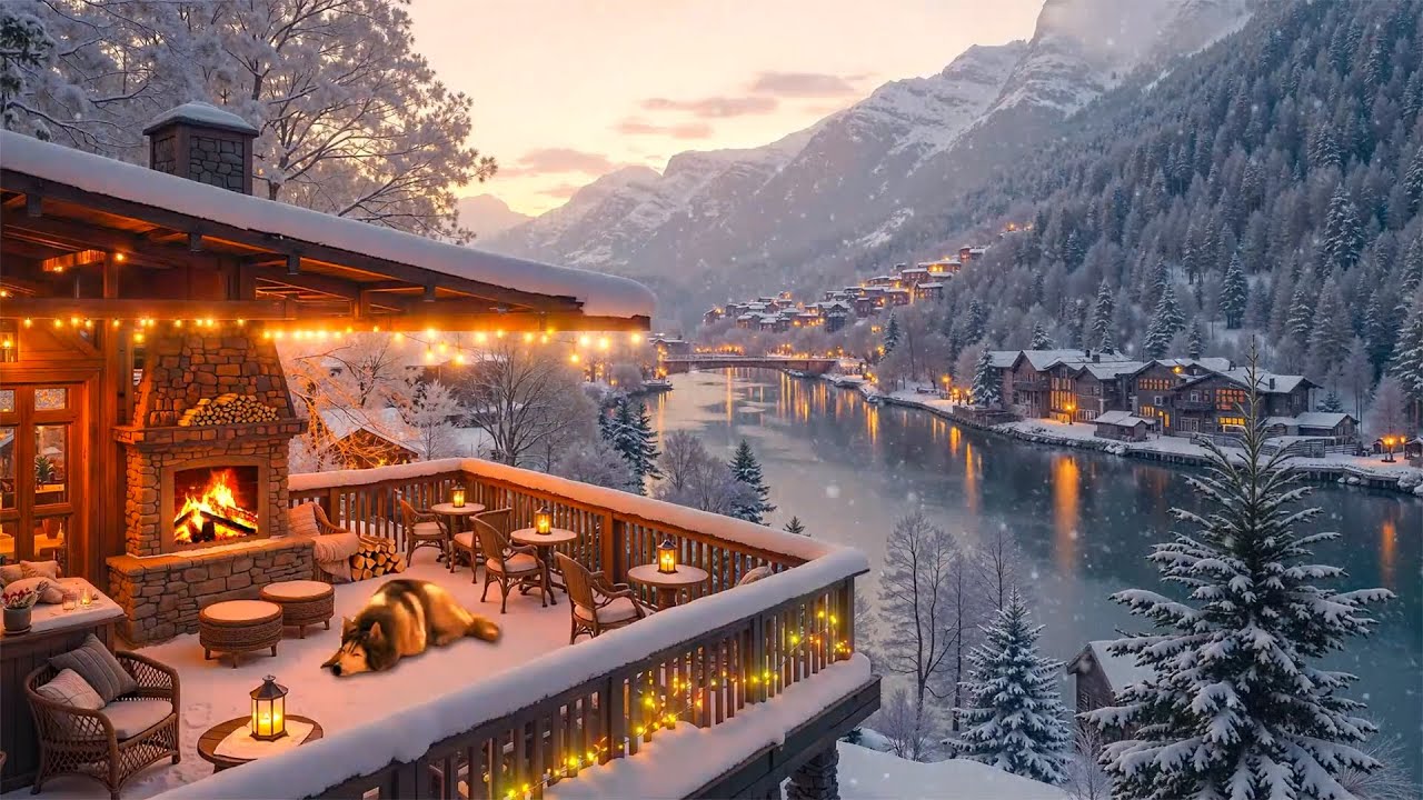 Snowy Winter Coffee Terrace | Smooth Jazz, Relaxing Warm Fireplace, & Tranquil Mountain Night Views