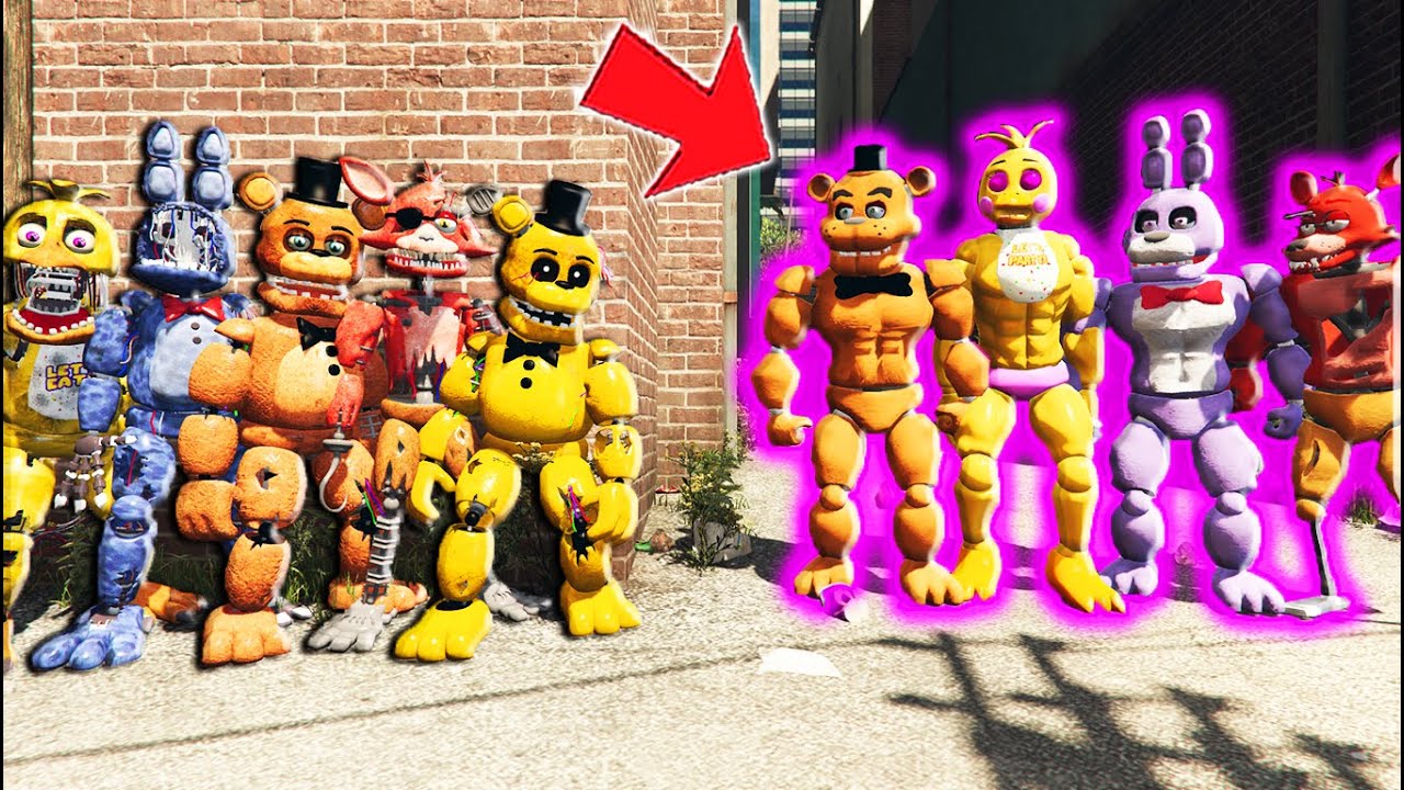 ALL BUFF ANIMATRONICS vs ALL WITHERED ANIMATRONICS! (GTA 5 FNAF Mods)