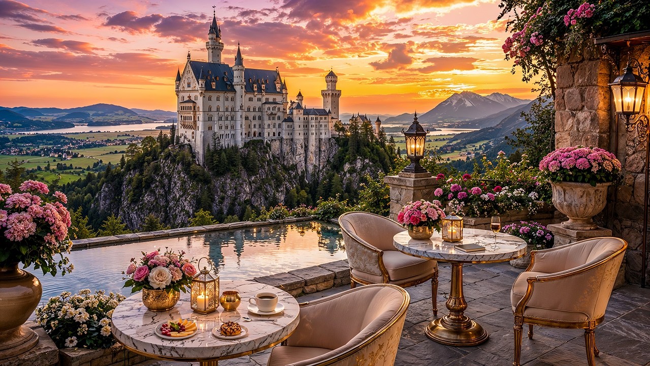 Romantic Sunset Jazz in Germany ☕ Castle View Caf&eacute; Ambience & Smooth Jazz Music for Study & Work