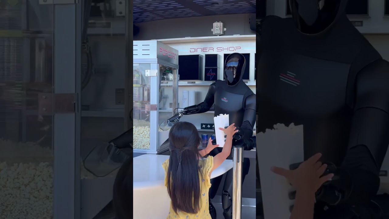 Optimus serving popcorn at the Tesla Diner #fyp #viral #tesla #optimus #teslarobot