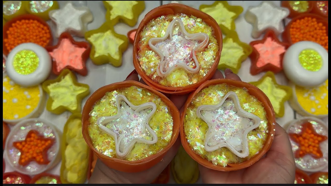 Orange and yellow soap boxes  with starch //glitter //confetti ⚪🟠🟡Crunchy asmr 😝Clay with glitter 🌟🌟