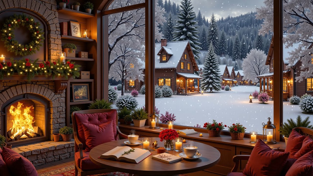 Cozy Winter Forest Cabin ❄️ Warm Fireplace, Snowy Village View & Soft Jazz for Study & Relax