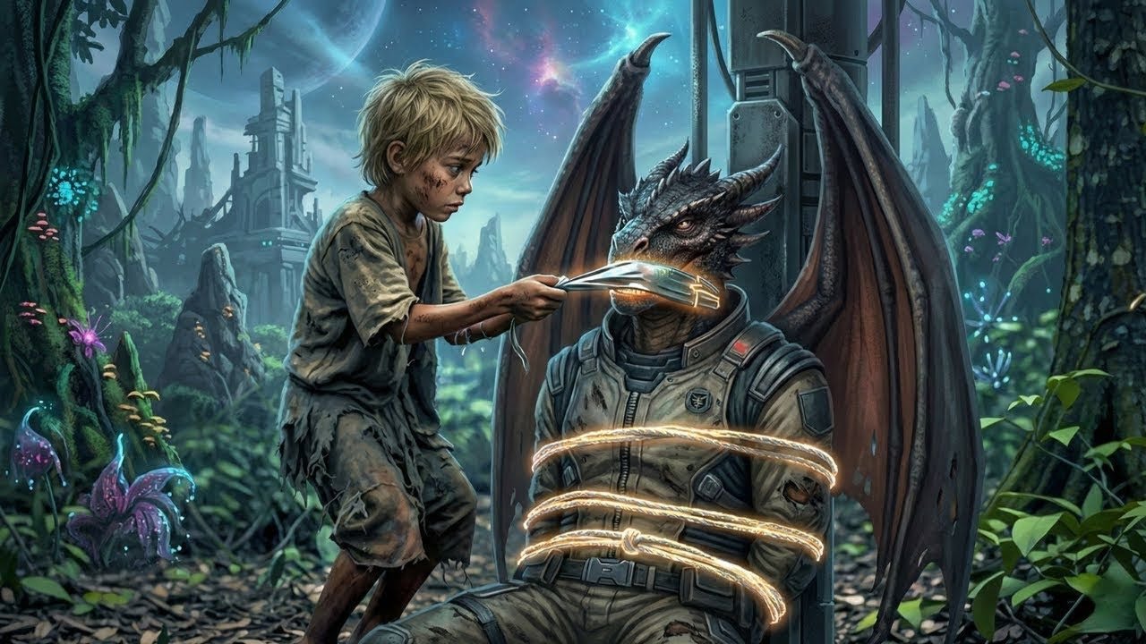 Niño humano sin hogar salva a diplomática dragón en bosque alienígena y conmociona a todos.