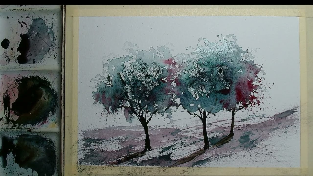 Making trees with an old brush and a rigger! WATERCOLOR
