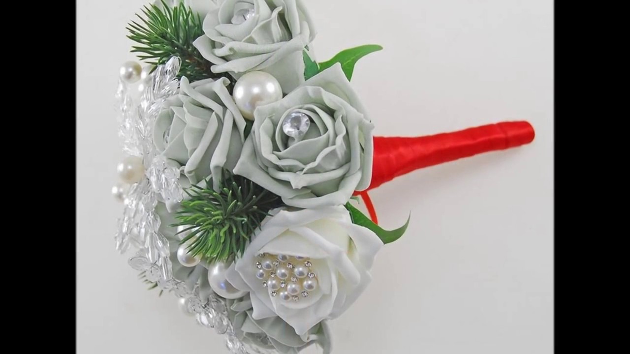 Bridesmaids Grey & Ivory Rose Crystal Snowflake Silk Wedding Posy