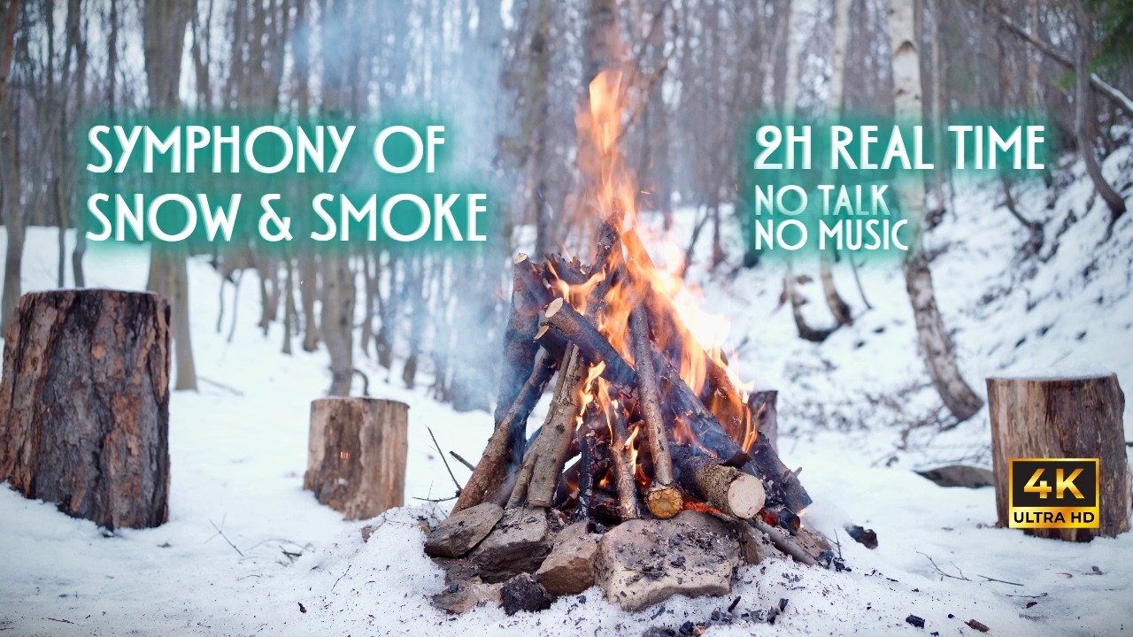 Real Winter Campfire in a Snowy Forest | Fire Tending | Natural Fire Sounds | No Loop Fireplace